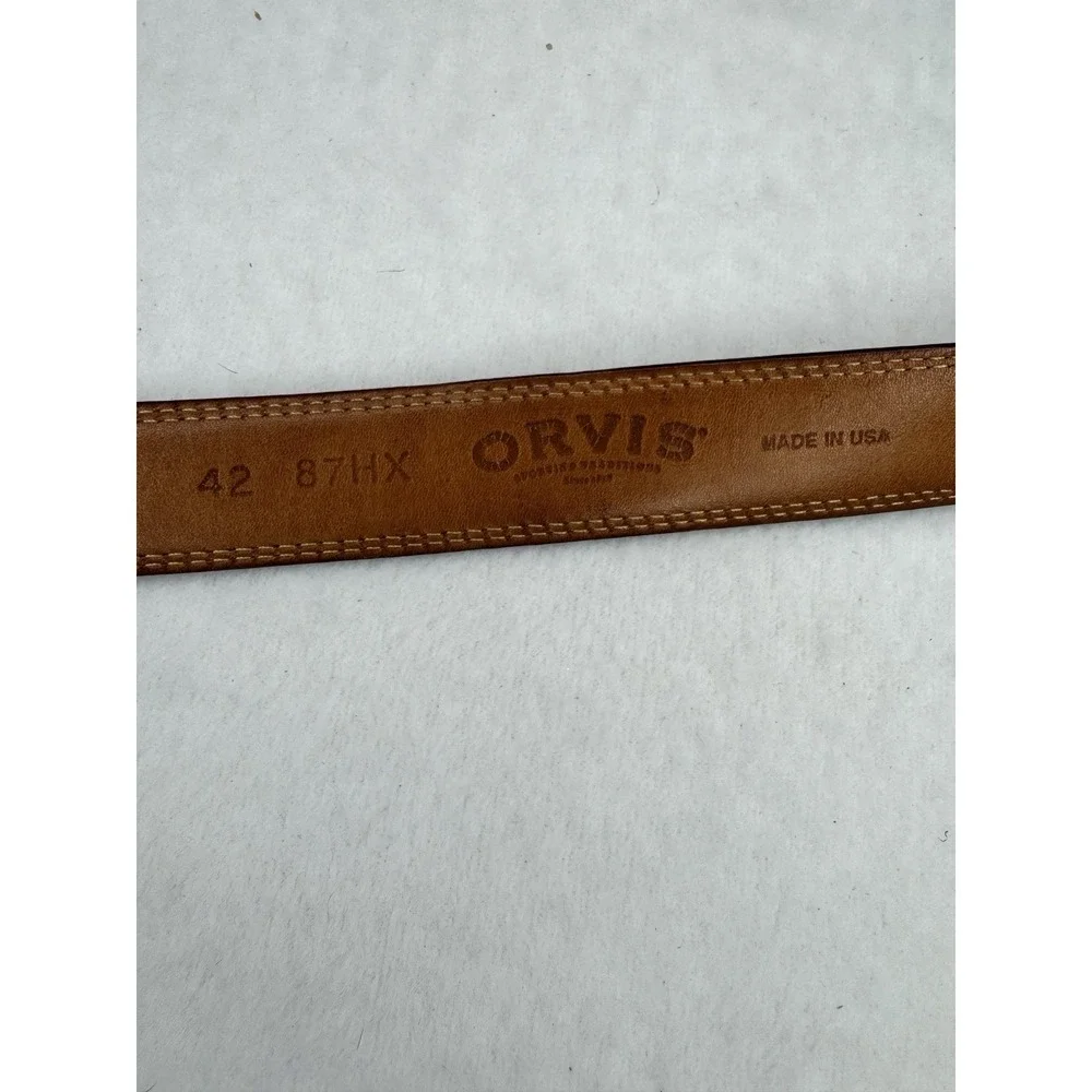 Orvis Men's Brown Leather‎ Belt Size 42 Style # 87HX Gold Brass Buckle